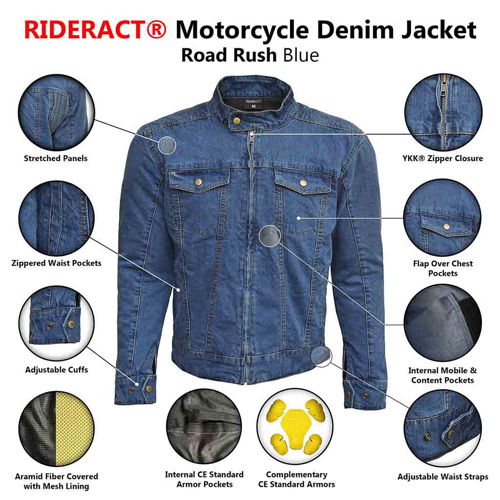 Infographics Men's Motorcycle Riding Denim Reinforced Jacket Road Rush