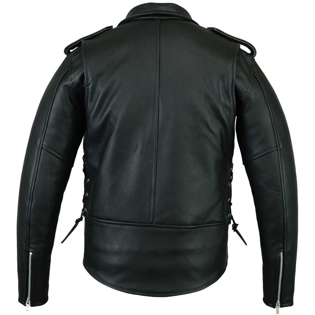 Men's Black Motorcycle Leather Jacket with adjustable stud belt and down collar.