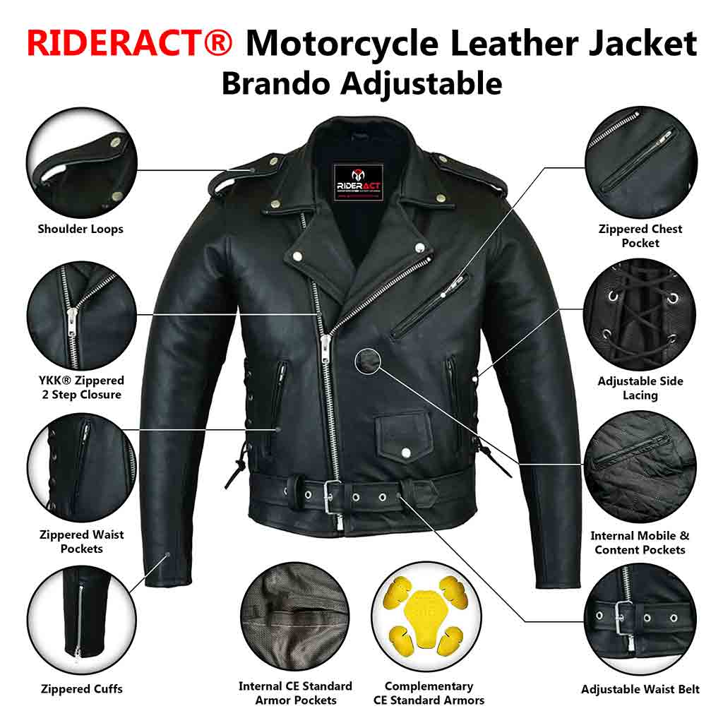 Detailed Infographics Motorcycle Leather Jacket Brando Adjustable 