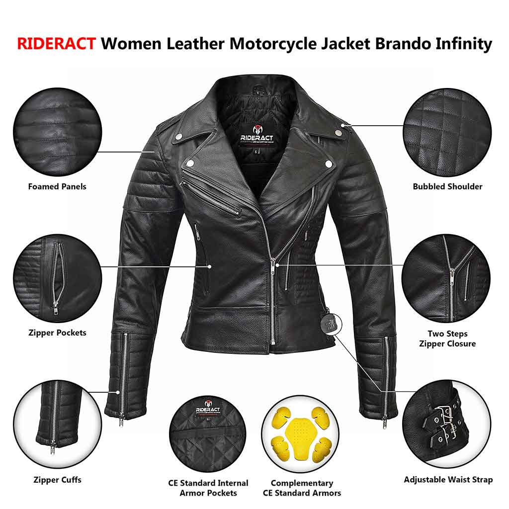 RIDERACT Leather biker Jacket Women Brando Infinite Infographic