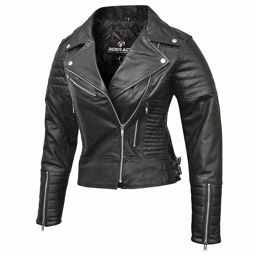 RIDERACT Women Leather Motorcycle Jacket Black