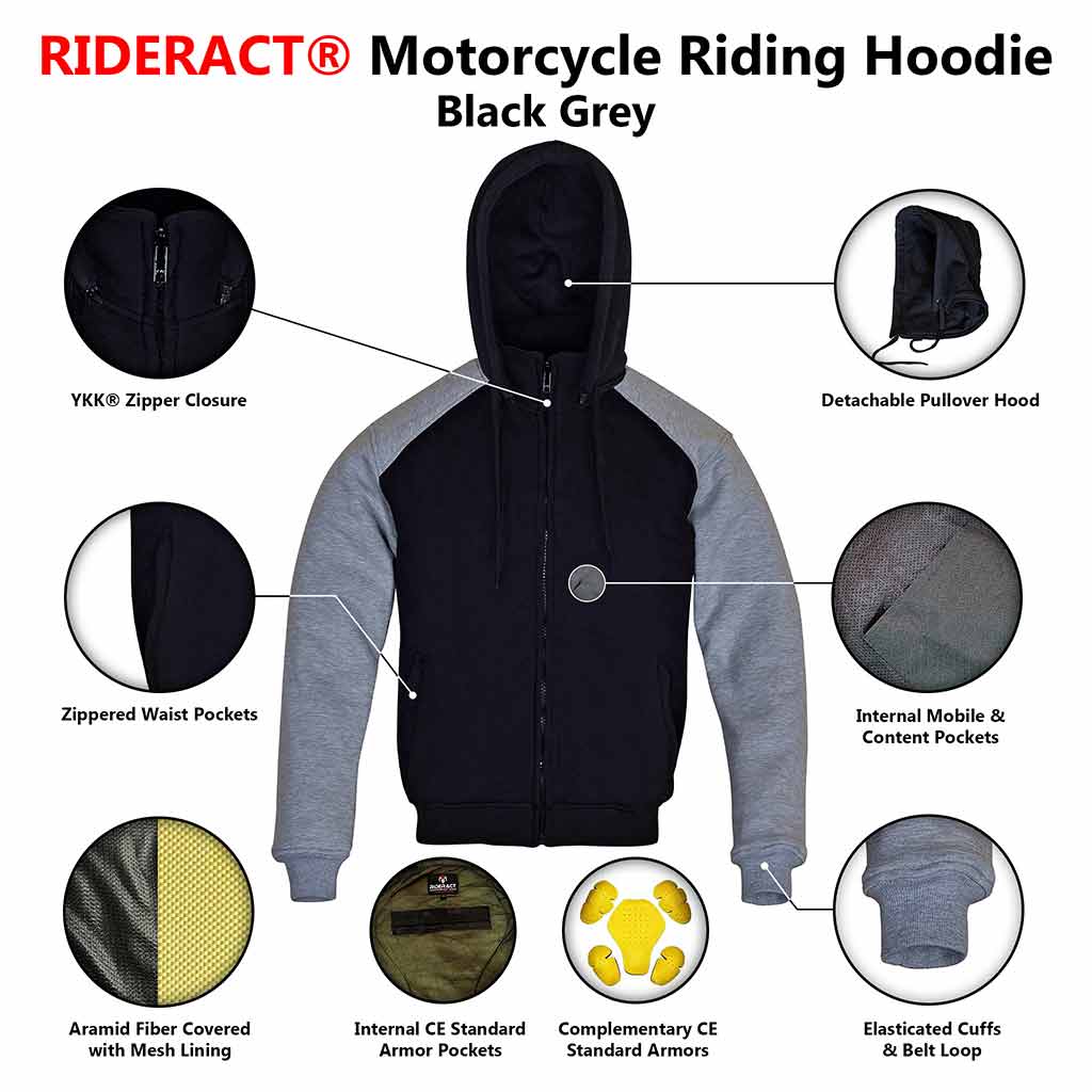 Infographics image RIDERACT® Street Riding Hoodie Black Grey Reinforced with Aramid Fiber