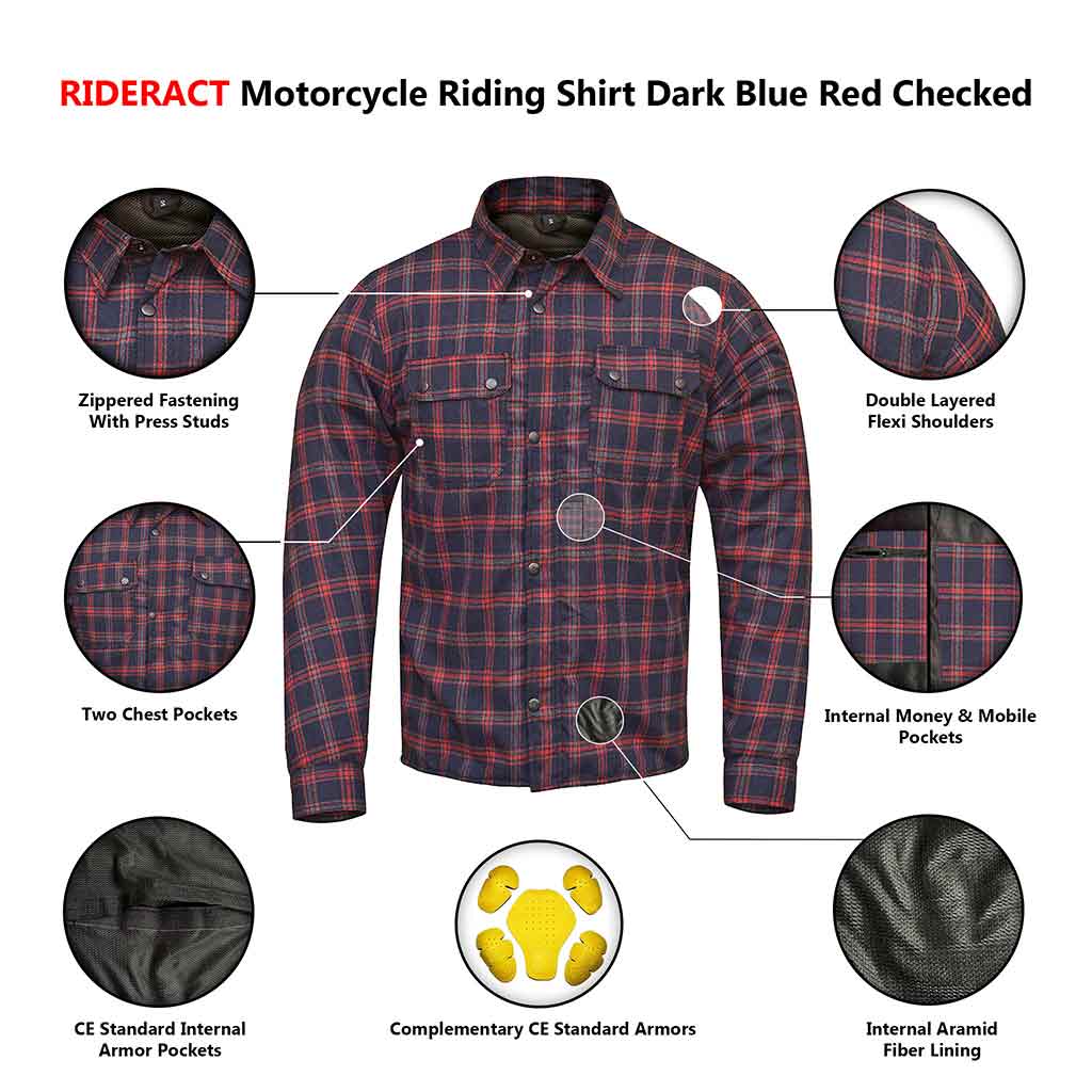 Infographics  Men's Motorcycle Riding Reinforced Flannel Shirt Dark Blue Red Checked
