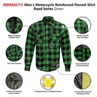 RIDERACT® Men's Motorcycle Riding Reinforced Flannel Shirt Road Series Green Infographics 