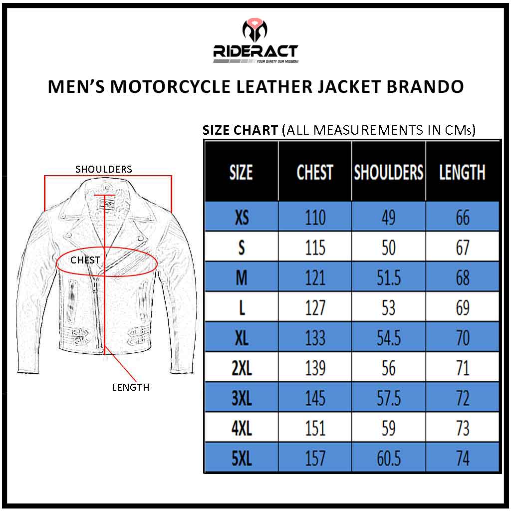 RIDERACT® Modern Brando Style Tan Brown motorbike Jacket Size Chart