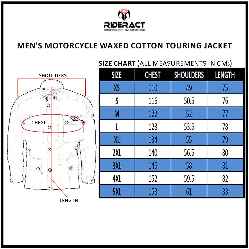 Size Chart motorcycle waxed cotton  touring jacket