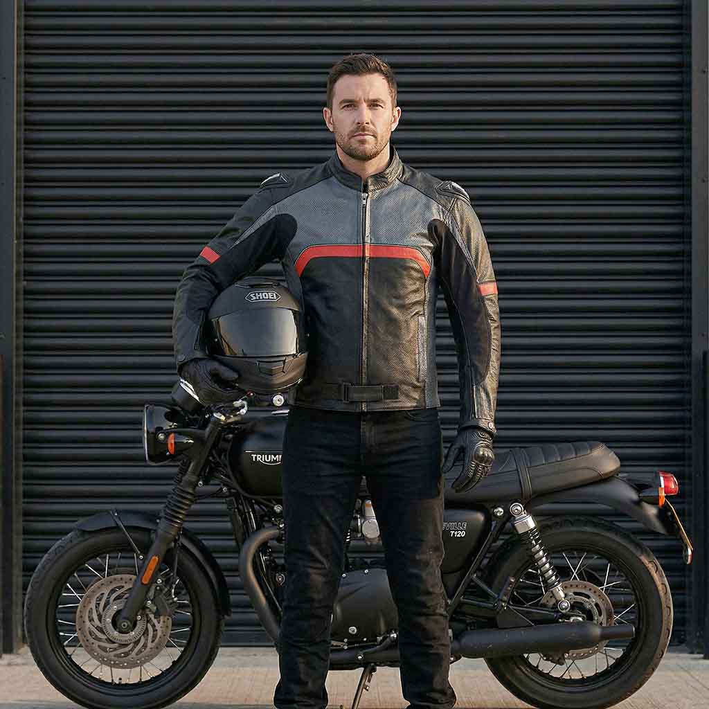 A man in a motorcycle jacket holding a helmet next to a motorcycle.