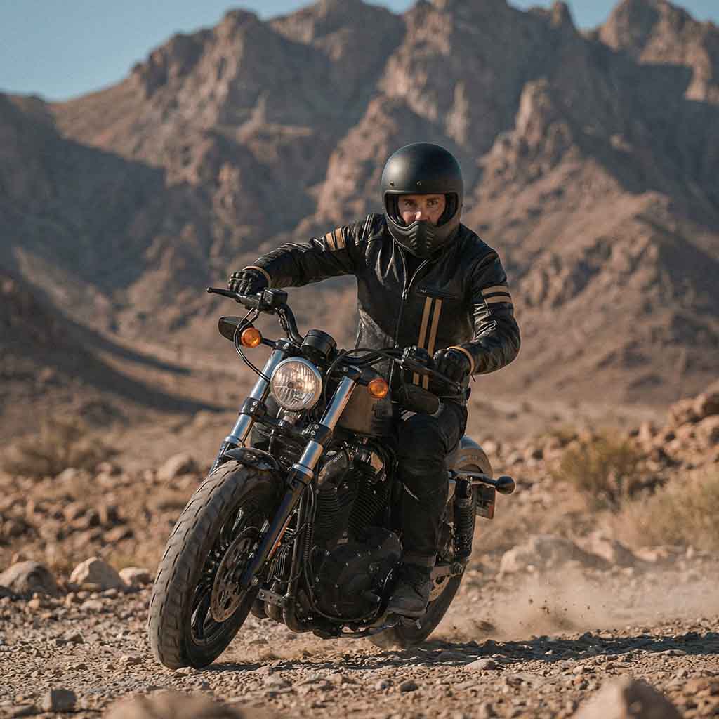 Person riding a motorcycle in a desert landscape with mountains in the background