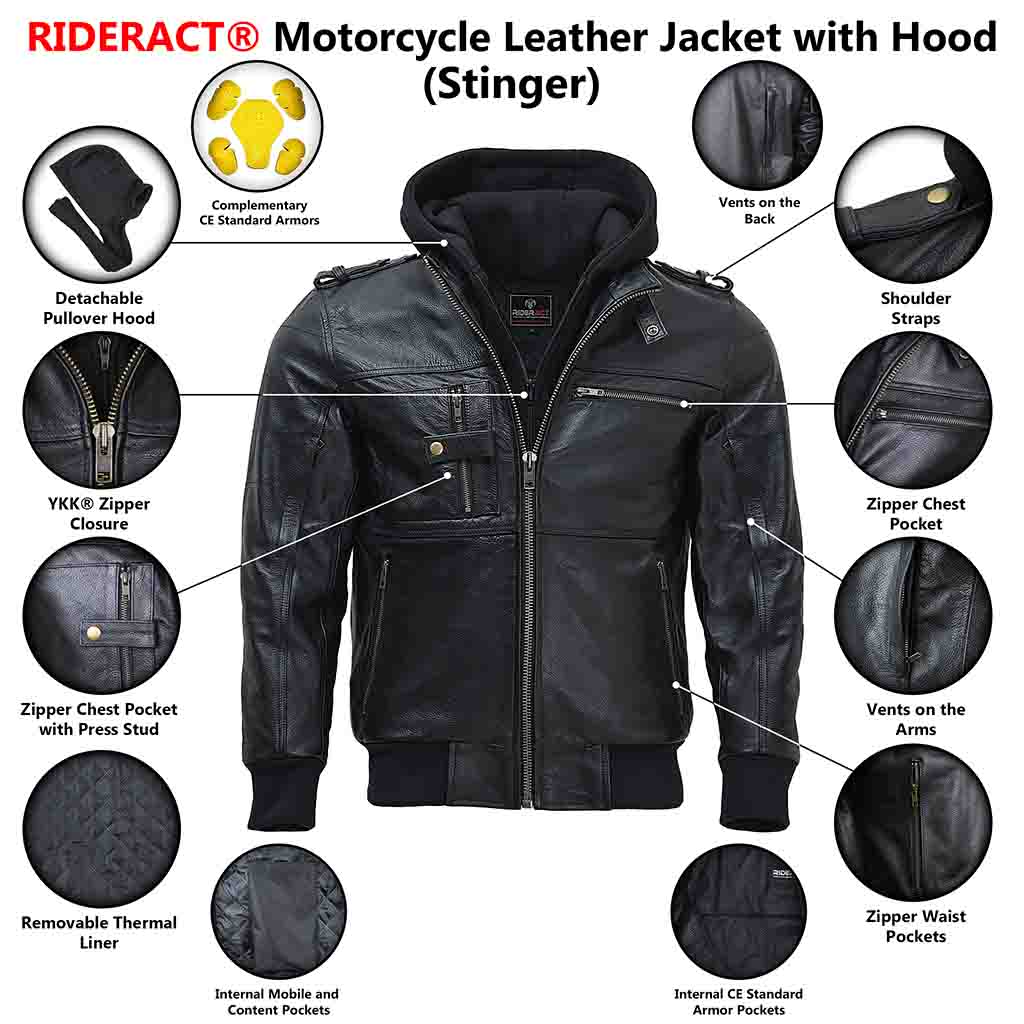 Infographics of a leather moto jacket with a hood stinger