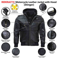 Infographics of a leather moto jacket with a hood stinger