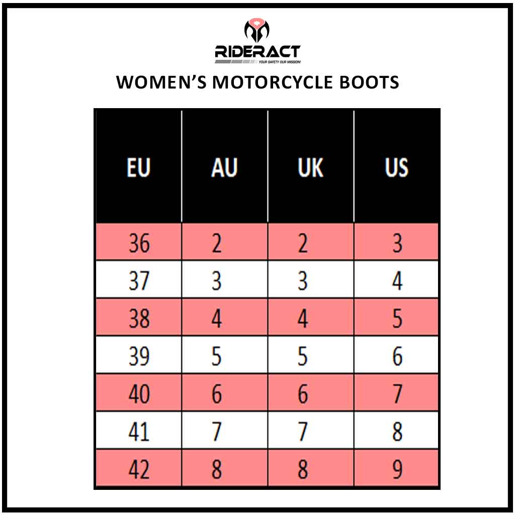 RIDERACT women motorbike boots black Size Chart