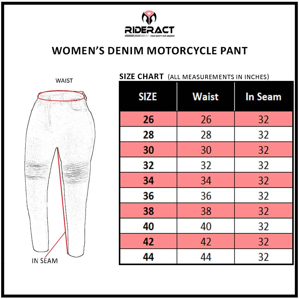RIDERACT Women Riding Jeans Black Motorbike Pant Size Chart