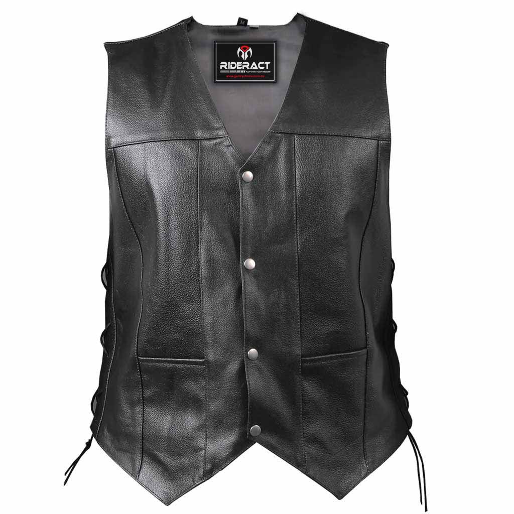 Men's Classic Riders Vest Adjustable waist with side laces, Studs, and two classic plain pockets on the front.