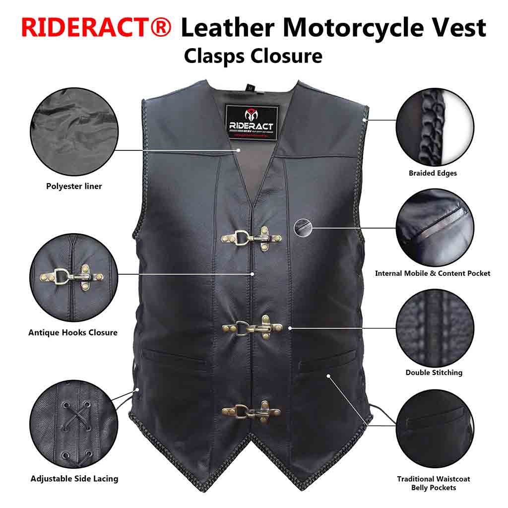 RIDERACT® Adjustable Leather Vest Black with Antique Clasps Closure Infographics 
