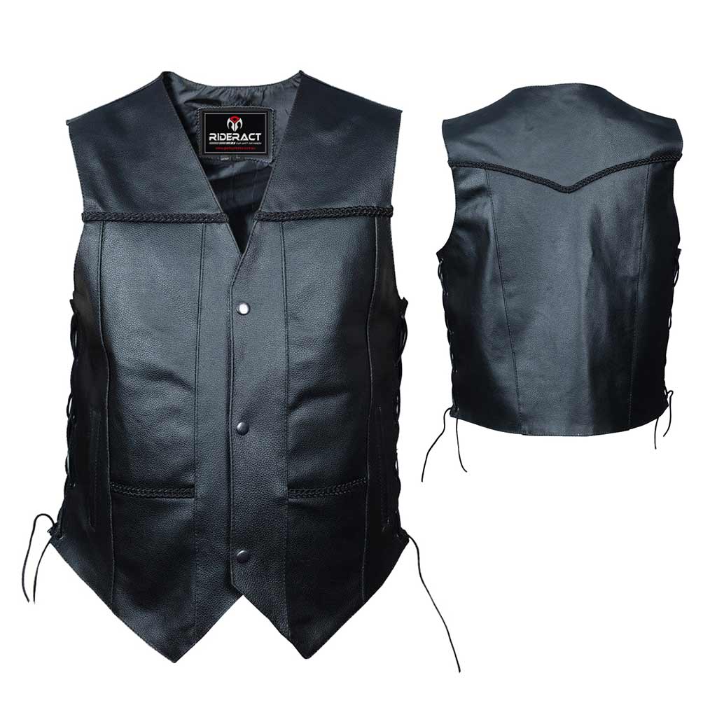 Motorcycle Biker Riders Leather Black Vest  front and back side 