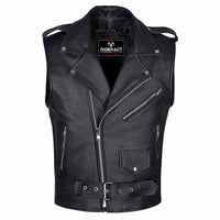 Men Brando Style Leather Vest Black Sleeveless Jacket