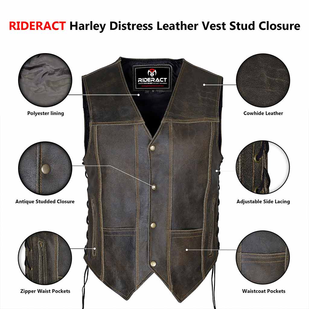 Infographics Harley Distress Leather Vest Stud Closure