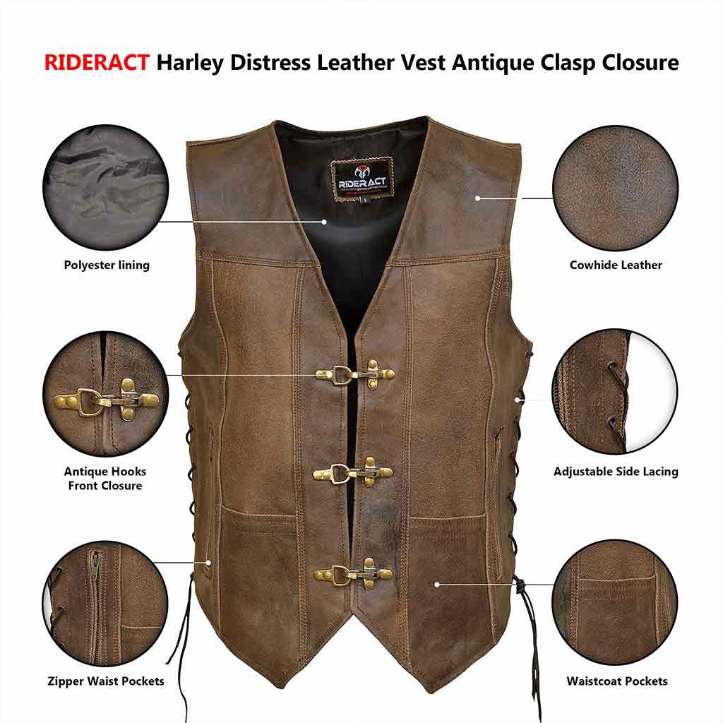 Infographics Harley Distress Leather Vest Antique Clasp Closure