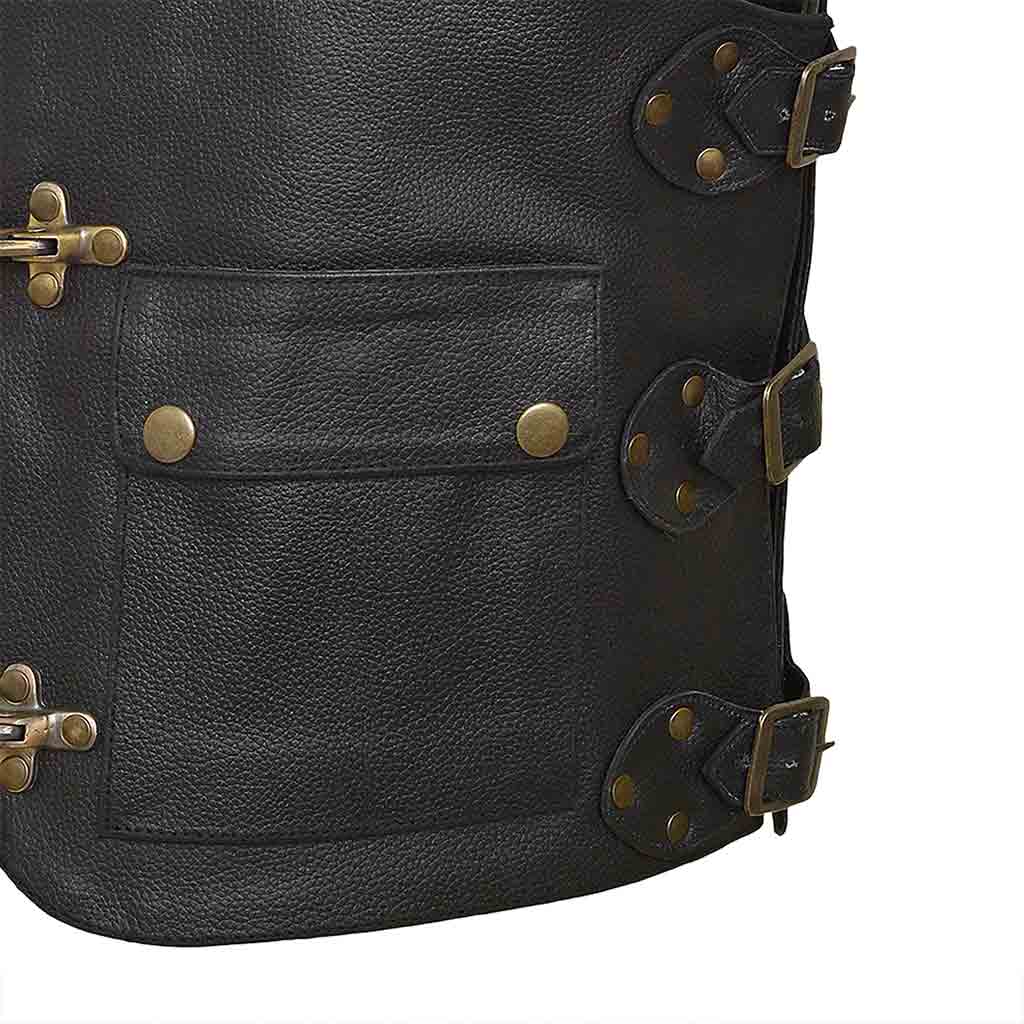 Motorbike Leather Vest Black Adjustable Waist Straps