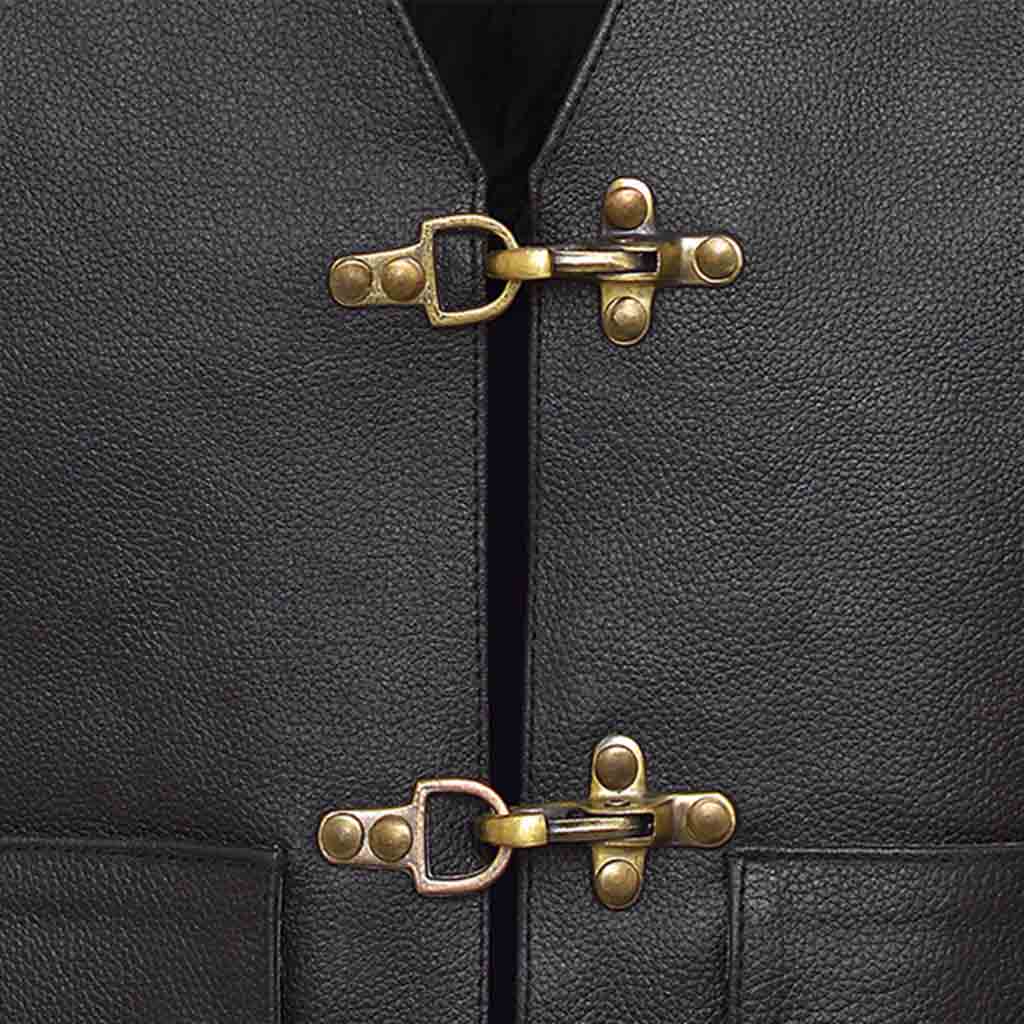 Biker's Spirit Leather Vest Black Adjustable Hooks Front Closure