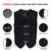 RIDERACT® Suede Leather Vest Black Triple Clasp Infographics