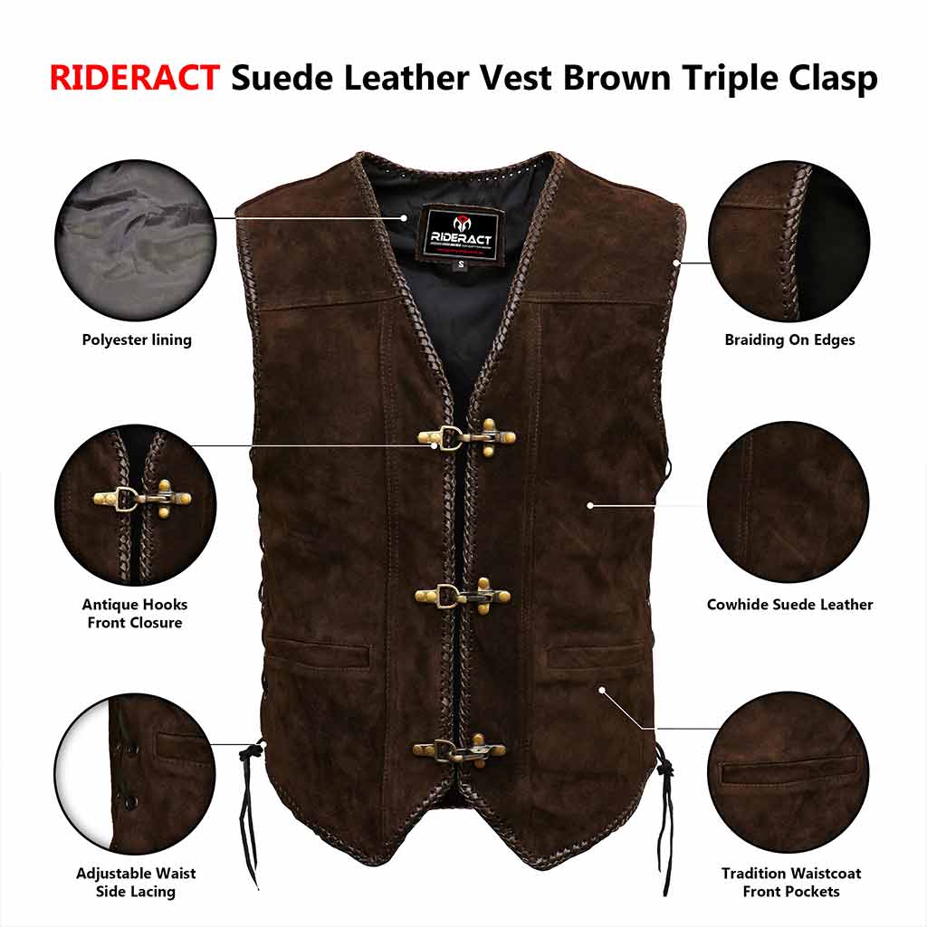 Infographics Suede Leather Vest Brown Triple Clasp 