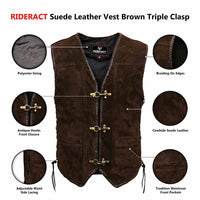 Infographics Suede Leather Vest Brown Triple Clasp 