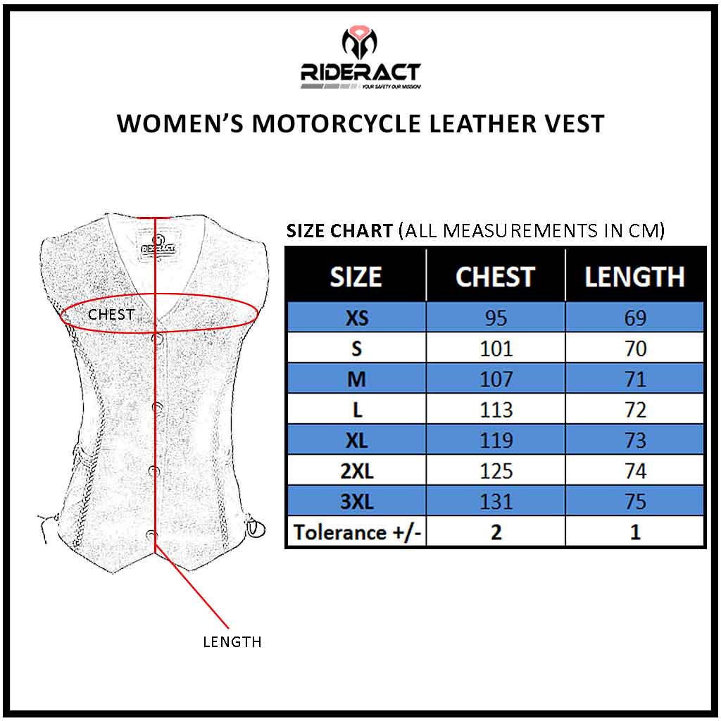 RIDERACT Women Motorcycle Biker Vest Size Chart