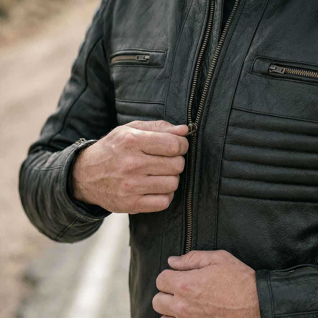 Close-up of motorcycle leather jacket zipper detail
