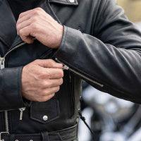 leather motorcycle jacket with zippers and buttons.
