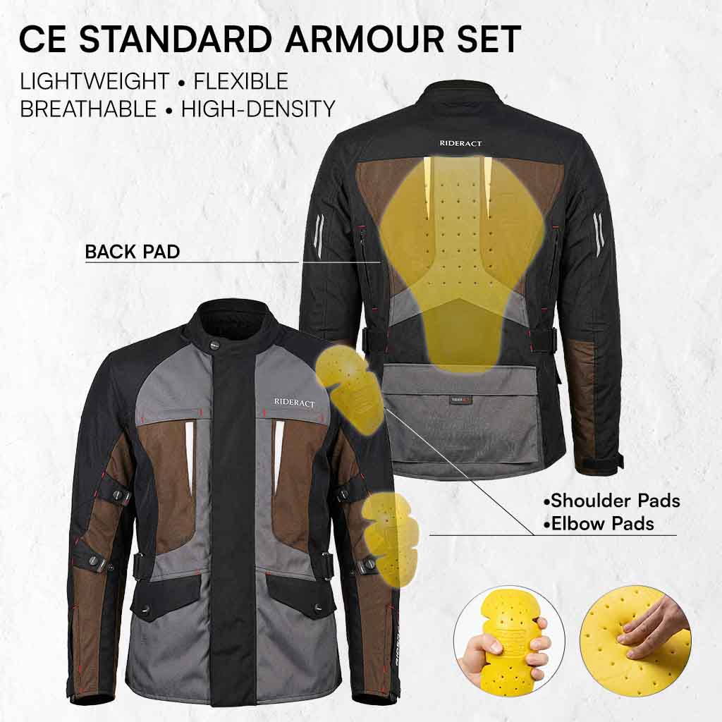 Motorcycle jacket with CE standard armour set features
