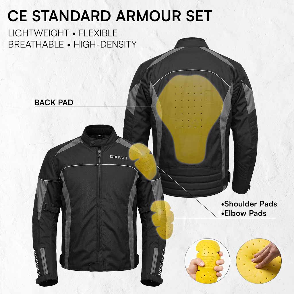 Motorcycle jacket with CE standard armour set features