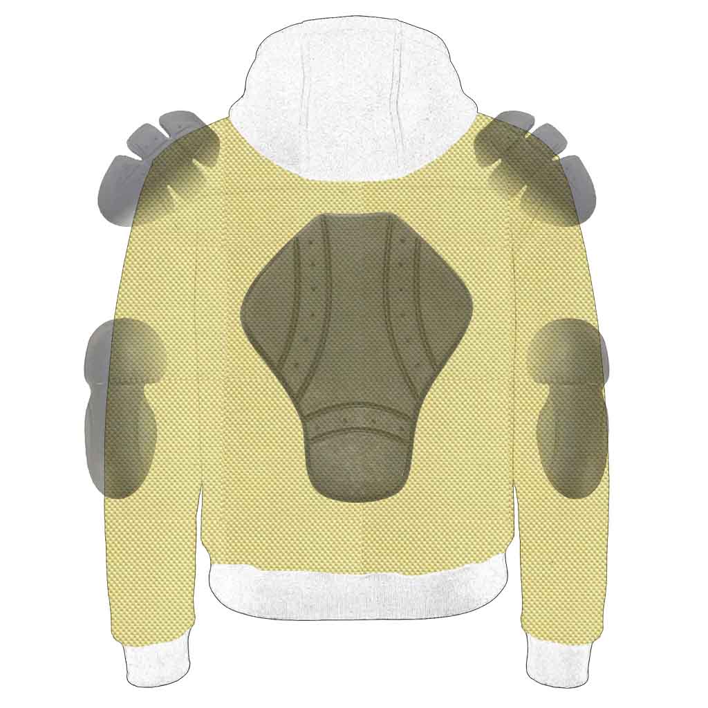 Yellow sweater with a large gray patch on a white background