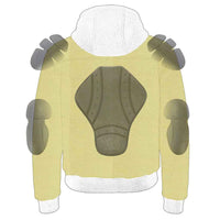 Yellow sweater with a large gray patch on a white background