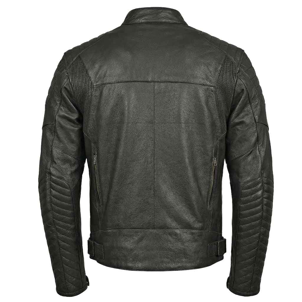 Back view of black leather motorbike jacket