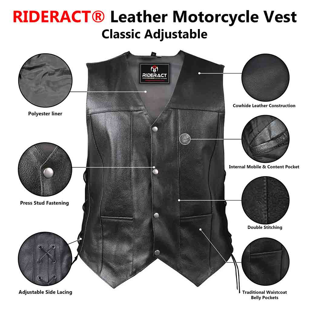 Infographics for men's Classic Adjustable leather Vest with classic plain front pockets