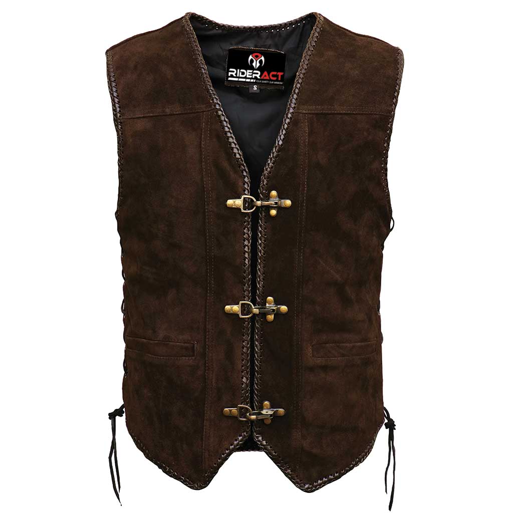 Suede Leather Vest – Brown Triple Clasp Biker Style