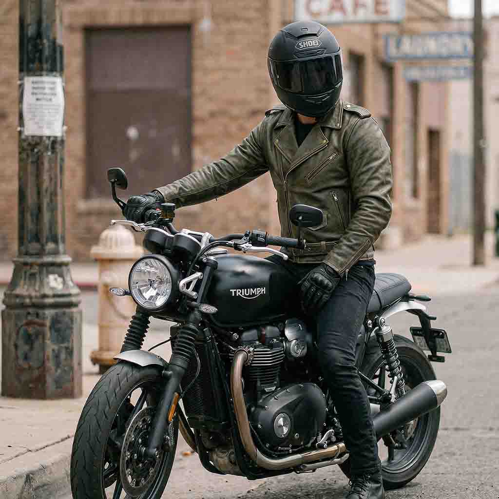 Rider wearing leather jacket on motorcycle