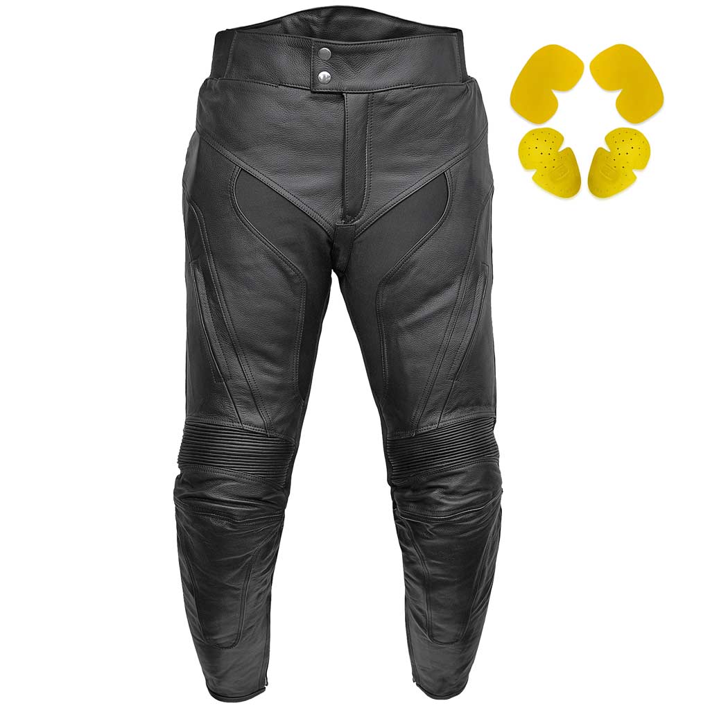 A pair of men's leather motorcycle pants in black, featuring zipper vents, elasticated panels, and reinforced stitching areas.