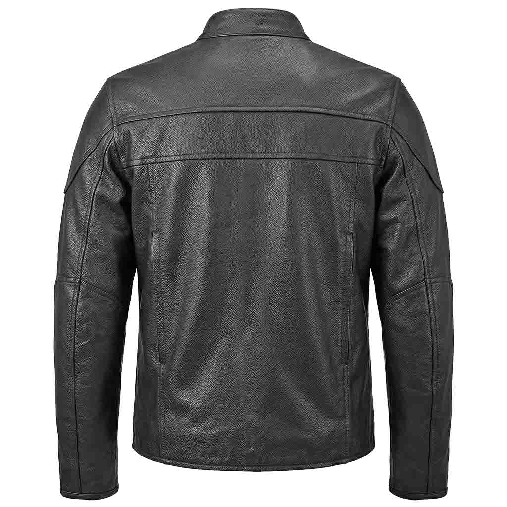 Back side of classic touring leather motorcycle jacket for classic Australian riders